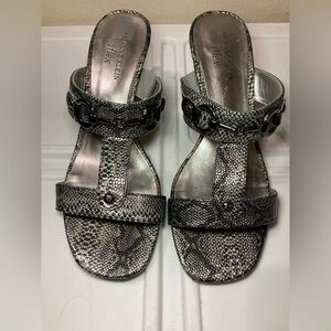 Anne Klein Silver Snake-Effect Slide Mules with Chain Accent